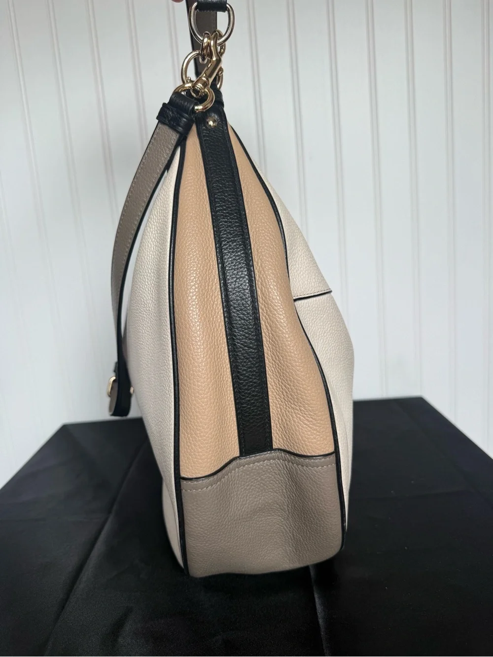 Coach Cream & Tan Pebbled Leather Hobo with Black Trim